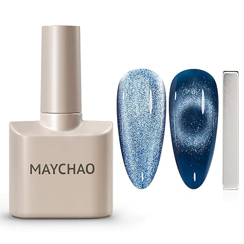 Miniatura 1 de MAYCHAO Esmalte de uñas de gel de ojo de gato de 0.5 fl oz, 1 esmalte de gel azul con imán, esmalte de uñas magnético holográfico para arte de uñas,