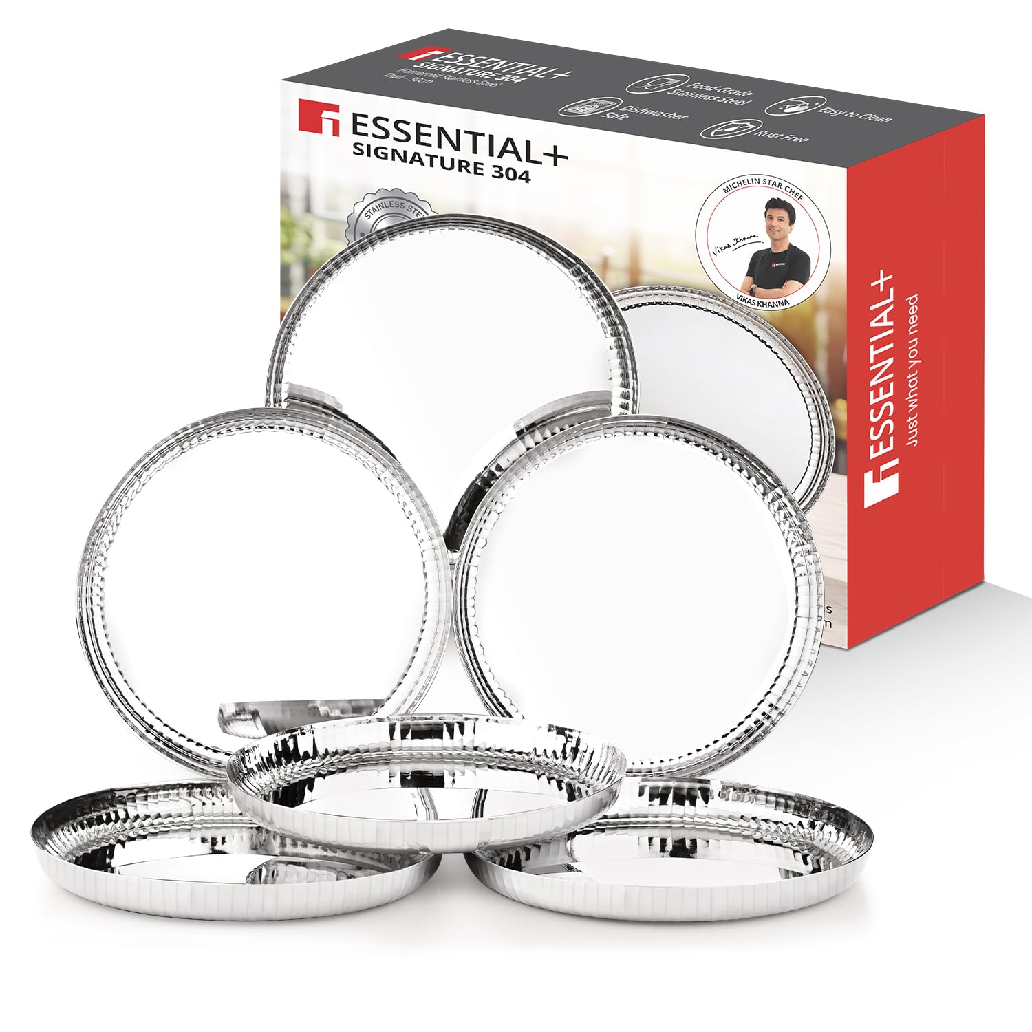 Bergner Essential Plus Signature 304 Stainless Steel Traditional 6 Pcs Dinner Plates, 30cm, Hammered Design, Food Grade, Mirror Finish, Dinnerware for Daily Use, Plates/Thali Set for Home (Silver)-picture-10