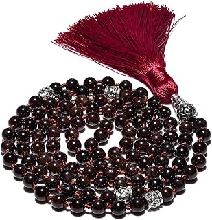 Cat Eye Jewels 8mm Mala Beads Necklace Yoga Meditation 108 Red Garnet Crystal Prayer Beads Long Beaded Tassel Pendant Bracelet Necklaces for Women Men 013