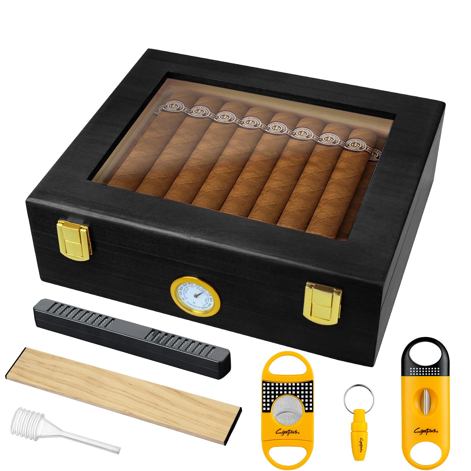 Humidor per sigari da scrivania, con divisore per igrometro, umidificatore e tagliasigari, in vetro, contiene 20-30 sigari in legno, colore: nero