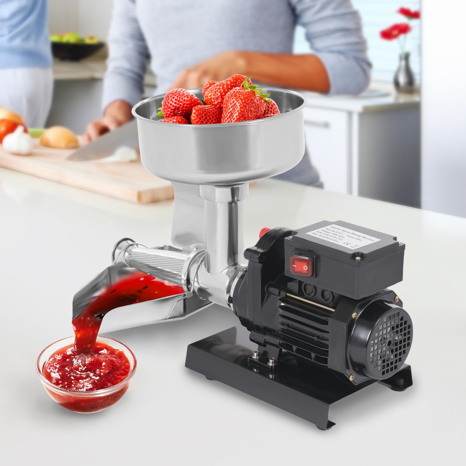 Elektrisch Tomatenpresse aus Edelstahl 450W Professionelle Passiermaschine Elektrisch Beerenpresse Tomaten Passiergerät Für Tomatensauce, Erdbeersauce, Heidelbeersauce und Anderen Marmeladen