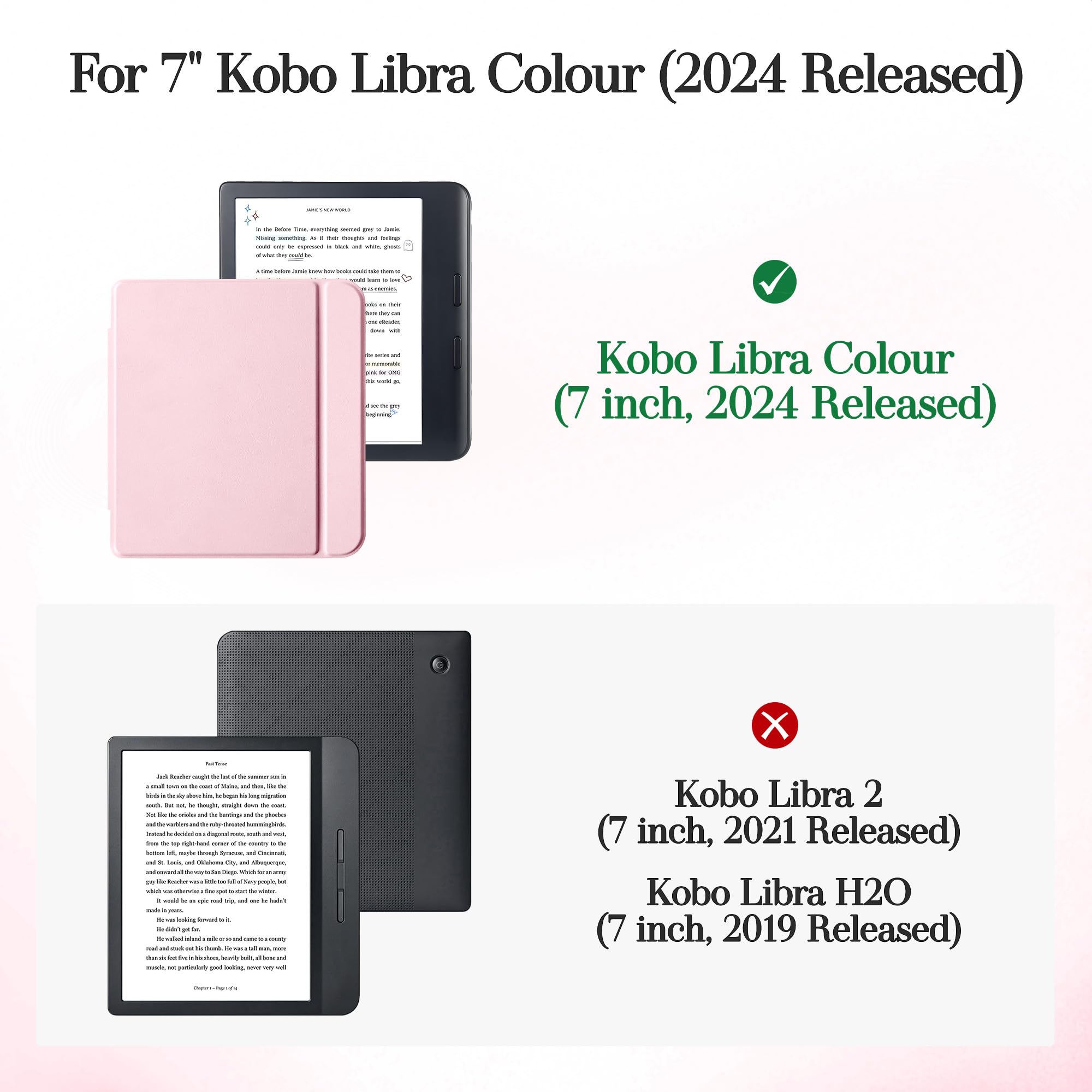 Magnetische abnehmbare Hülle für Kobo Libra Color (2024), schlanke PU-Lederhülle und ultraklare TPU-Rückseite mit automatischer Wake/Sleep-Funktion, Rosa