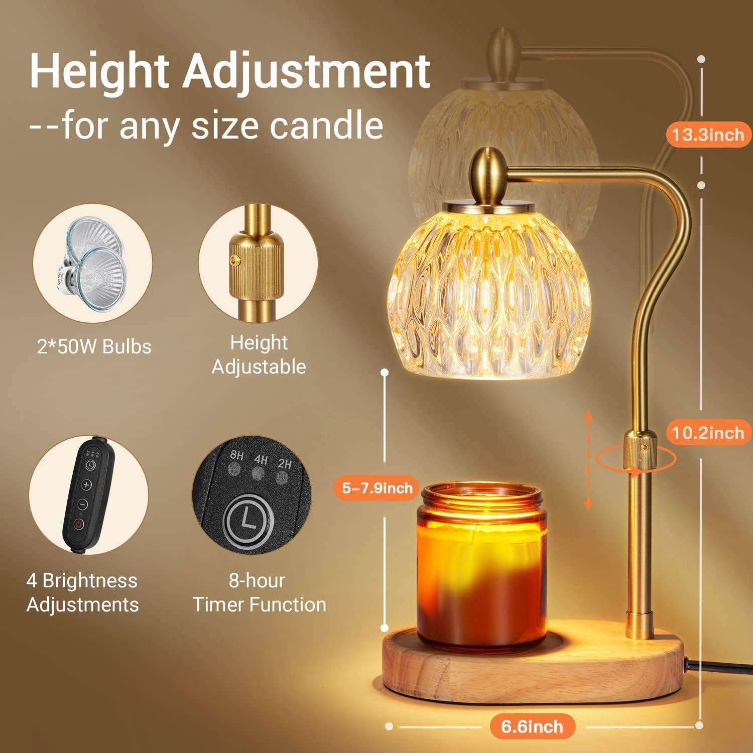 Jkjhbhged Candle Warmer, Candle Warmer Lamp with Timer & Dimmer Candle Warmer Height Adjustable Scented Candles US Plug Easy to Use Gold