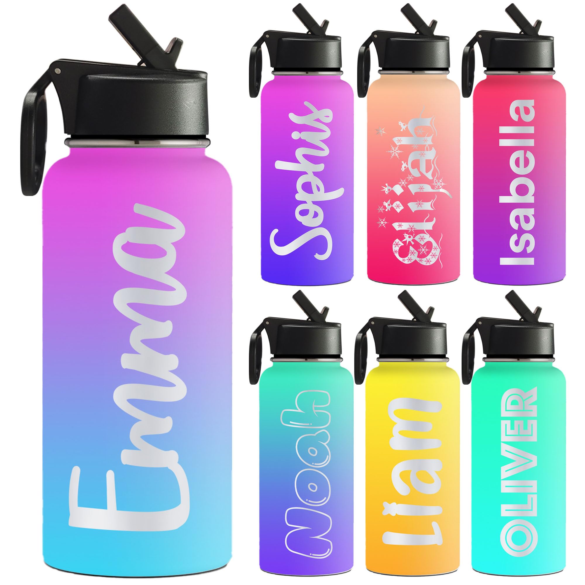 FunStudio Personalized Water Bottles for Kids for School Customized Name Insulated Sport Water Bottle with Straw 32 oz Waterbottle Gift for Boys Girls