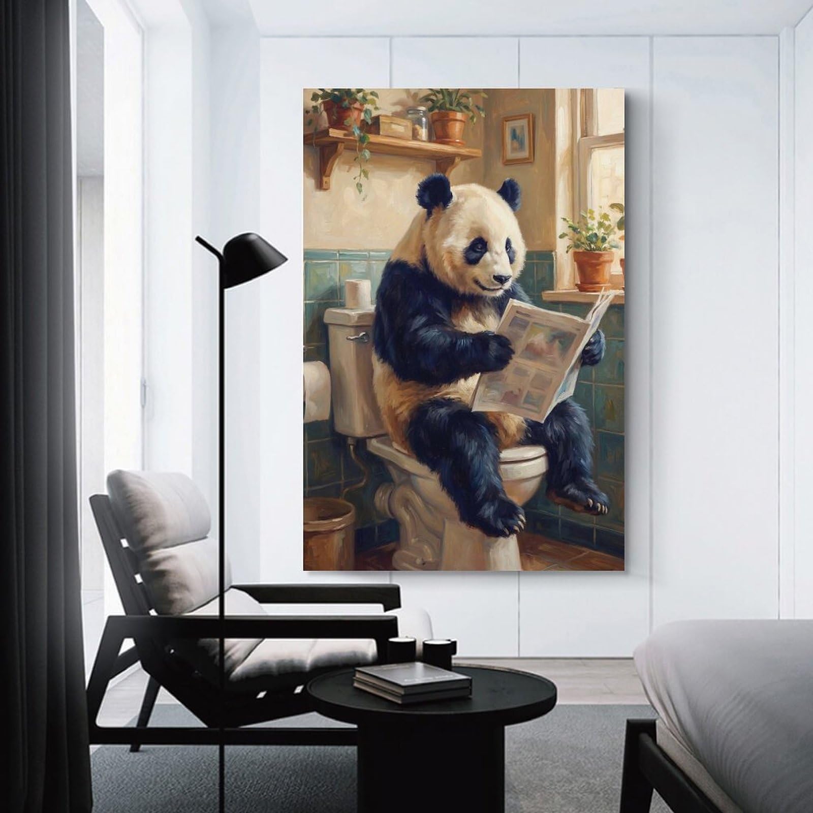 Junmoney Unframe-Style-14 Canvas Wall Art Panda Reading Newspaper On Toilet, 24X36inch(60X90cm), For Bedroom, Lounge Or Dressing Area, Canvas Wall Decor For Personal Spaces