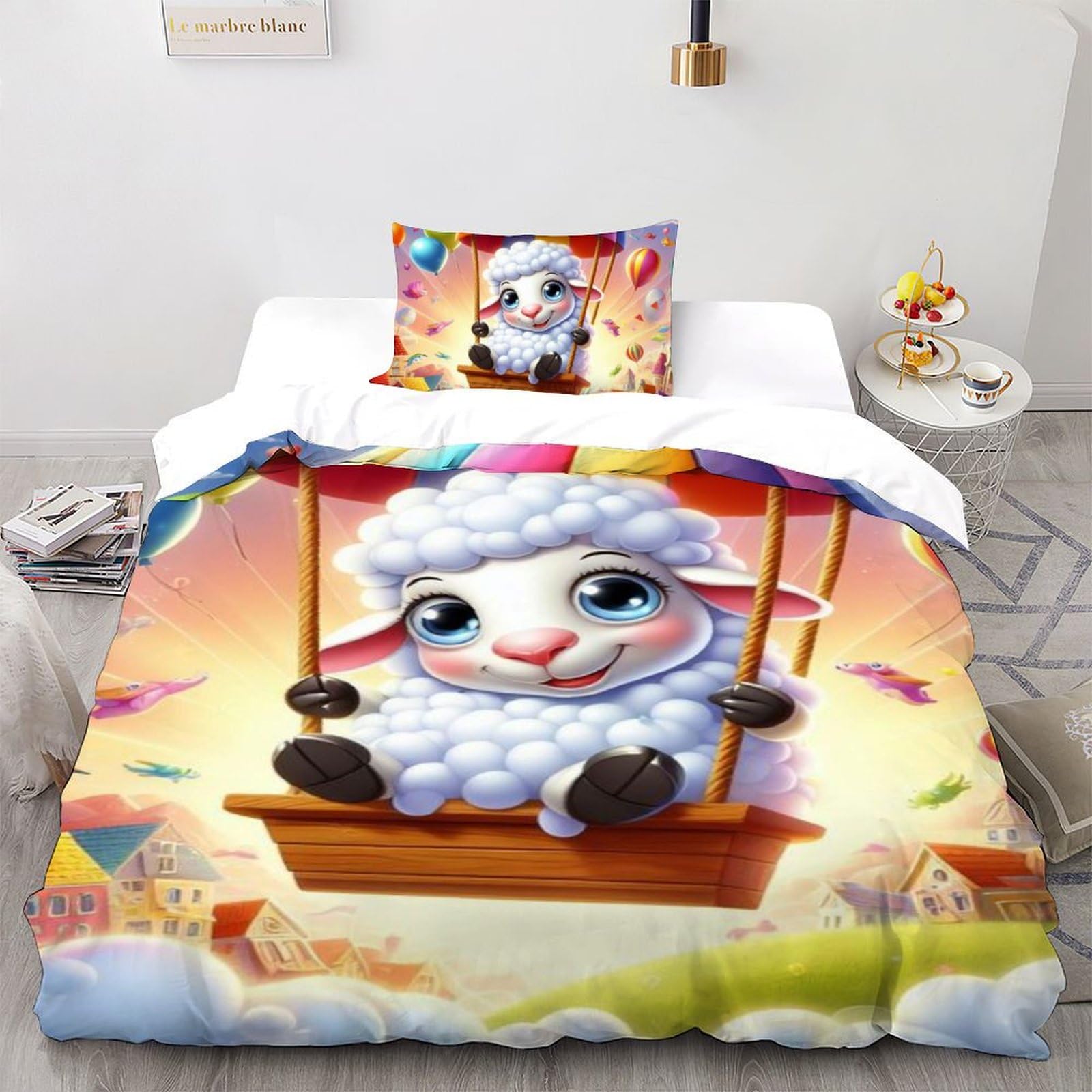 Housse de couette mouton 135x200 parure de lit animaux mignons couvre-lit microfibre fermeture éclair