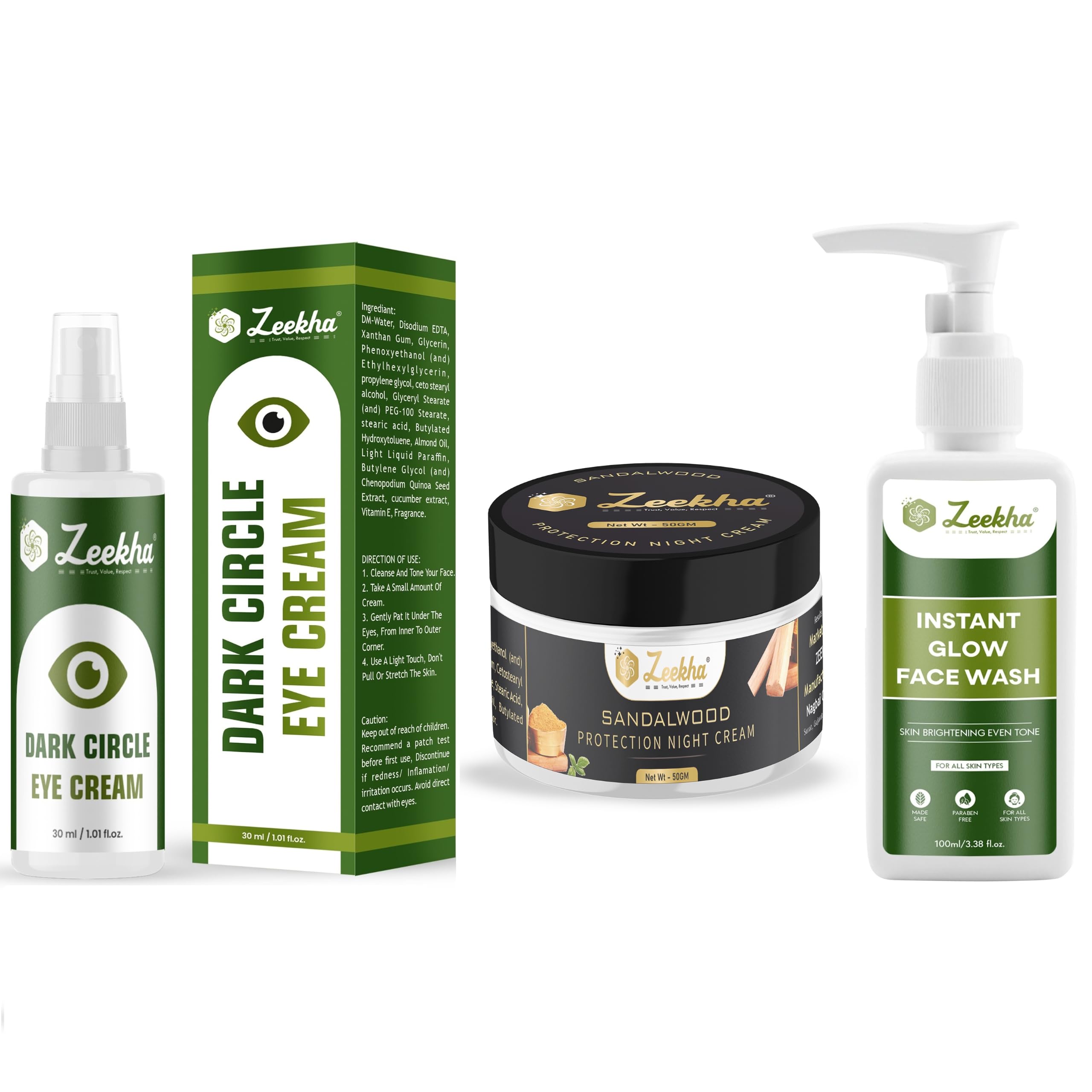 Skin Care Kit | Dark Circle Eye Cream 30ml + Instant Glow Face Wash 100ml + Sandalwood Night Cream 50g | Skin Brightening, Dark Circle Removal, Glow Boosting, Daily Face Care Combo for Men & Women-image-31