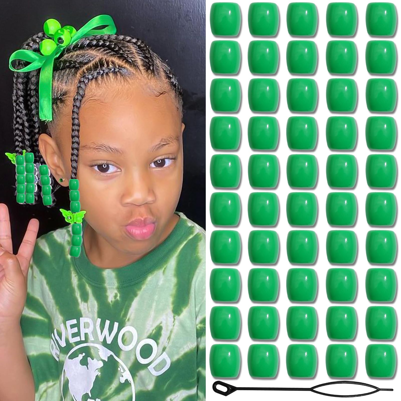 50PCS Green Hair Beads St. Patrick's Day Dreadlock Jewelry Hair Accessories Acrylic Braids Beads Cute Loc Decoration for Kid Girls
