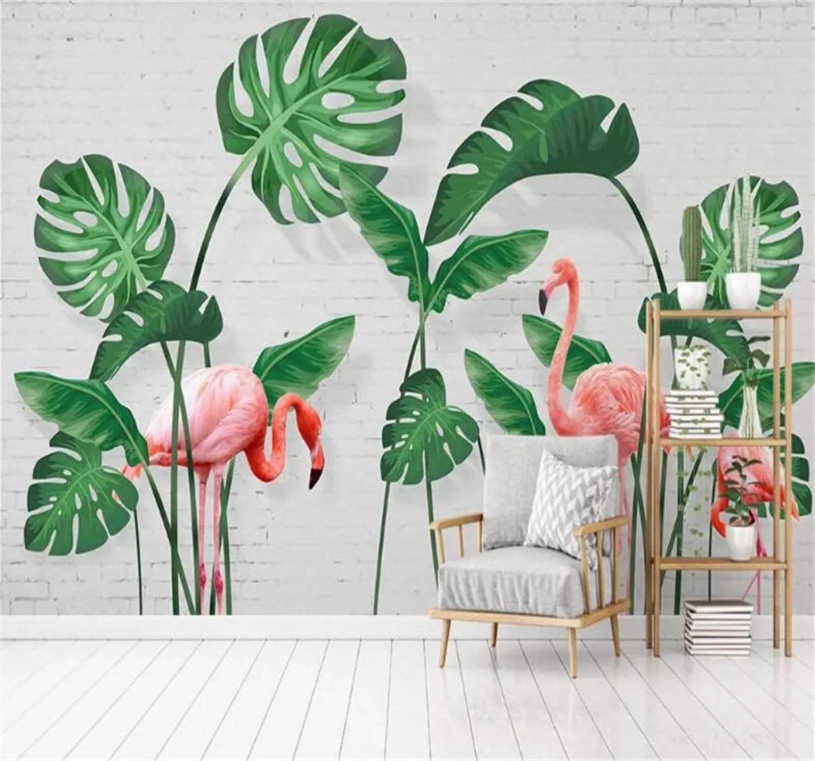 Tzxztt Fresh Green Monstera Brick Wall Flamingo Modern 3D Wallpaper Premium Textured Silk Neutral Tones Material Ideal for Living Room Bedroom-400cm×280cm