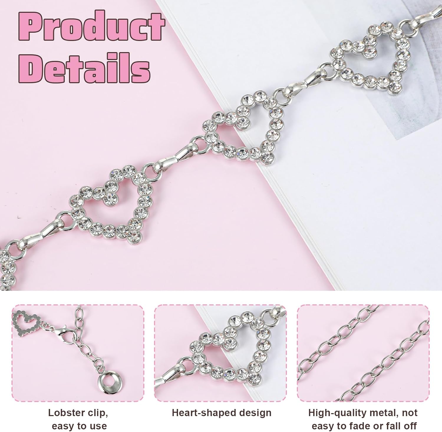 Xindojuz Heart Chain Belts for Women, 48" Fashion Waist Chain Rhinestone Flower Girls Belt, Adjustable Metal Body Belly for Dresses Jeans Bikini Jewelry Heart Waist Necklace Bikini Chains - Image 3