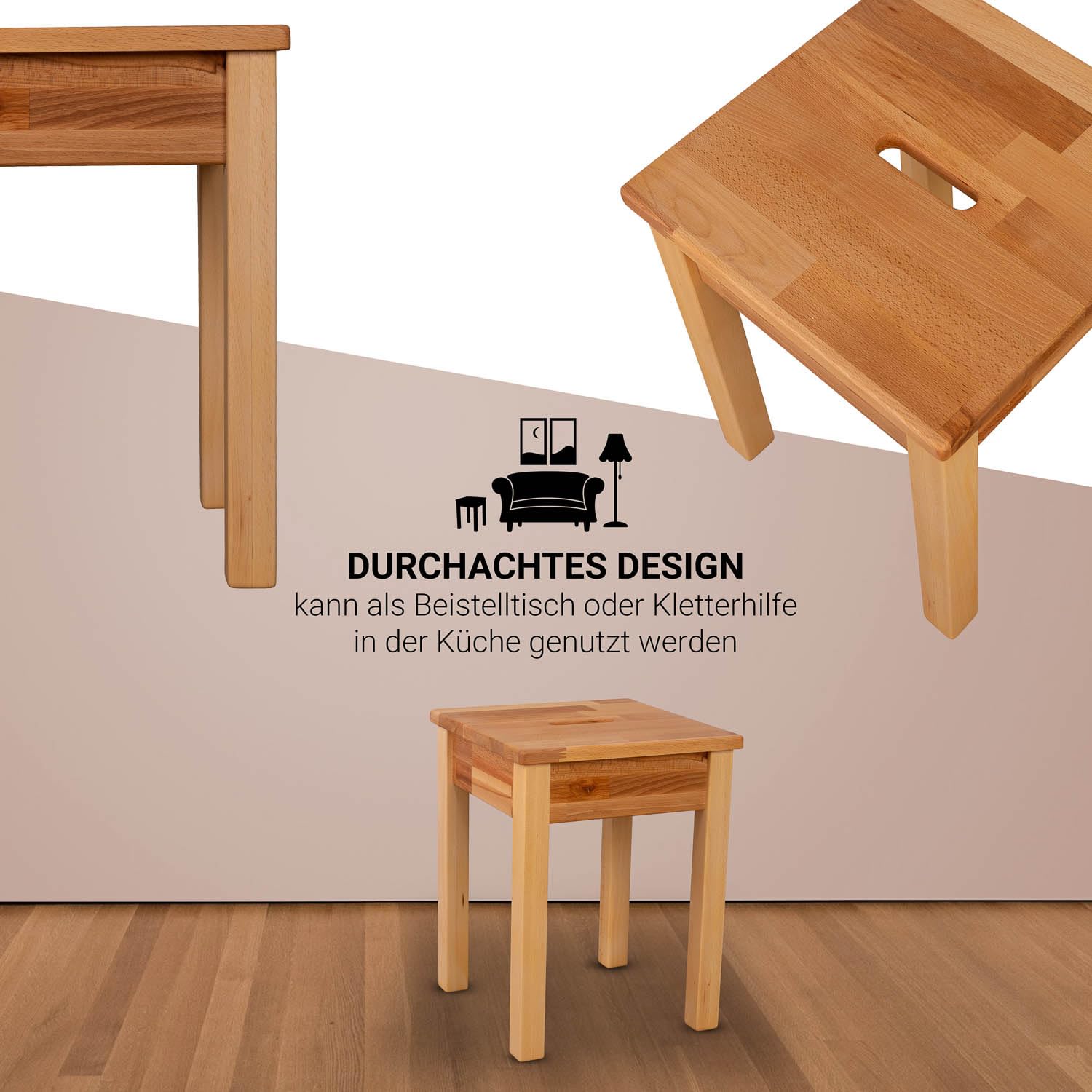 Staboos massiv Holzhocker Doc mit Eingriff bis 150 kg - Buche Sitzhocker aus Holz - Kernbuche Natur - Hocker als Nachttisch nutzbar - 35 x 35 x 45cm