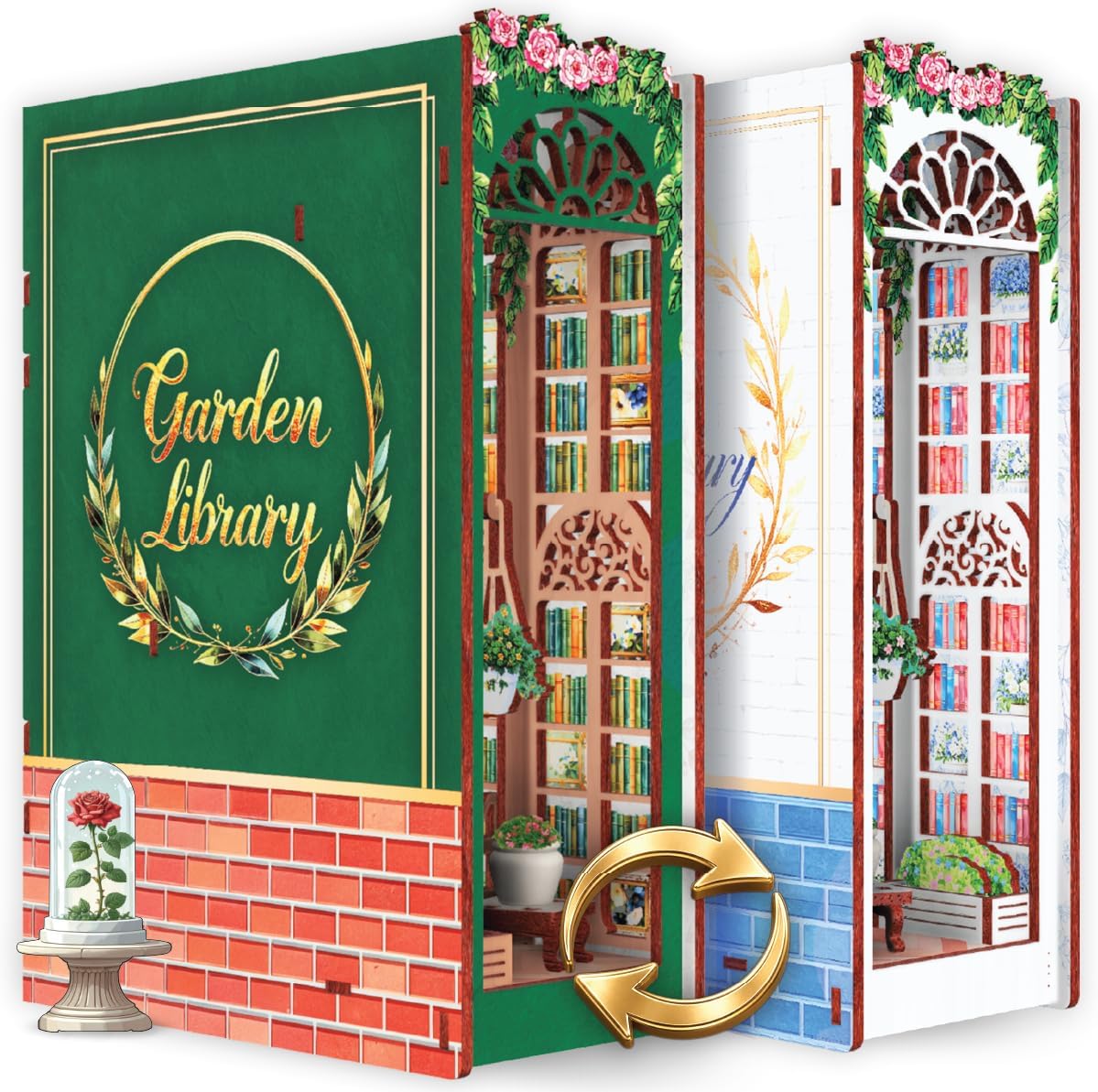 2-in-1 Book Nook Kit – Garden Library NOOKBOOX by ROSELYZIA – DIY Miniature House Craft Kit Dollhouse and 3D Wooden Puzzle with Color-Changing LED Light – Bookshelf Decor Gift for Adults & Teens