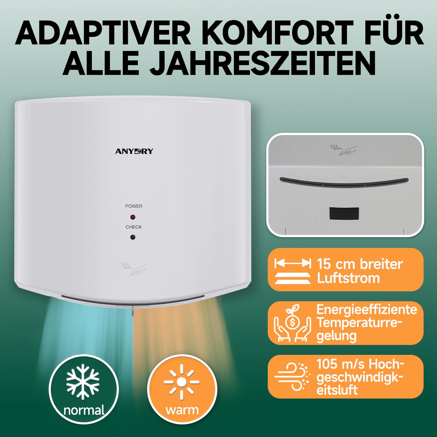 anydry 2630S Kompakter Händetrockner,Automatischer Elektrischer Händetrockner für Wandmontage,Für Gewerbliche oder Private Zwecke,Händetrockner für Toiletten.1400-1650W.(Weiß)