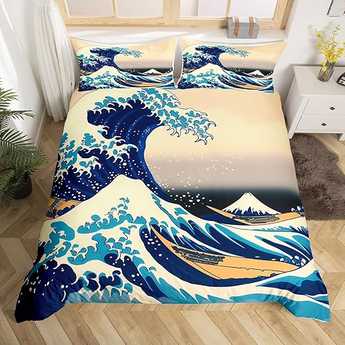 Erosebridal Juego de funda de edredón tamaño Queen con diseño de olas y temática de Ukiyo-e, juego de ropa de cama adecuado para adultos,