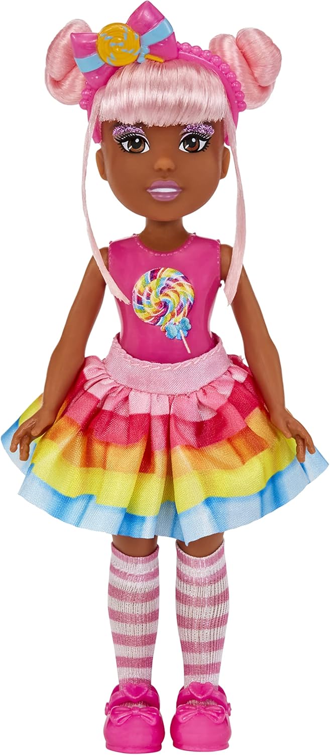 MGA Entertainment Dream Bella Little Candy Princess Jaylen, Lollipop Scented 5.5" Doll with Scratch 'N Sniff Tag, Long Pink Hair, Headband, Rainbow Skirt, 4 Fashion Accessories, Gift for 3-8 Years