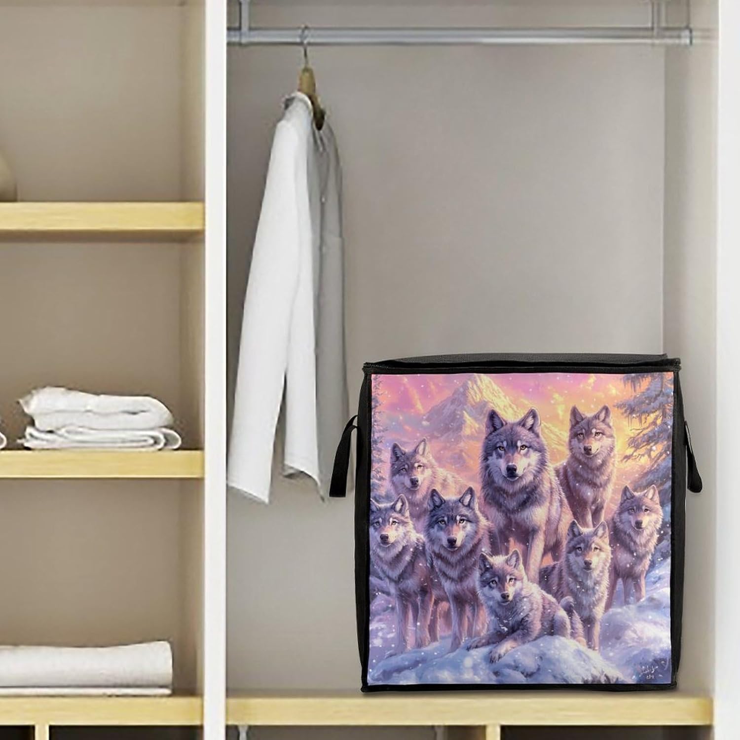 Wolf Snow Mountains Sunset Large Comforter Blanket Storage Bags Bins 70L Closet Organizer with Handles