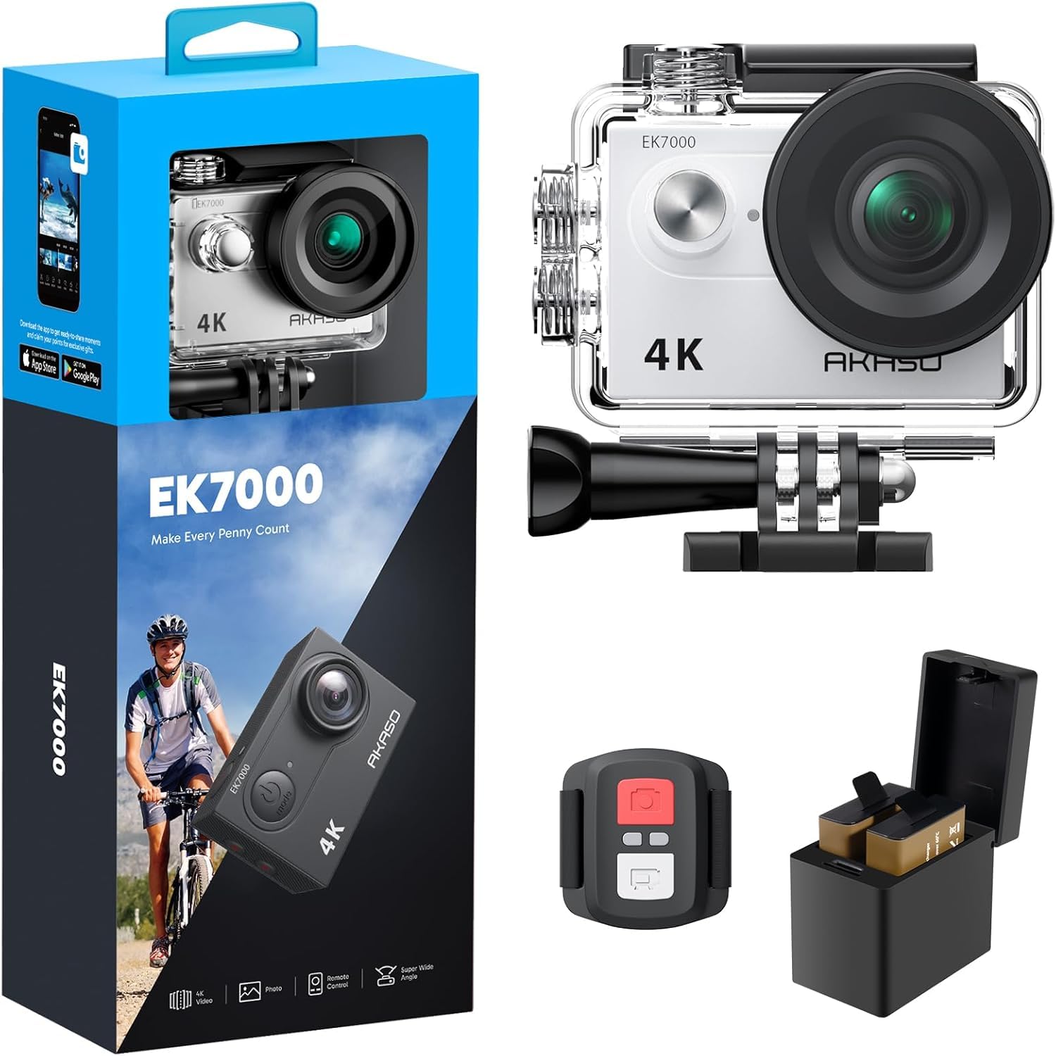 AKASO EK7000 4K30FPS 20MP WiFi Action Camera with EIS Ultra HD 131FT Waterproof Underwater Camera Remote Control 4X Zoom Support External Microphone