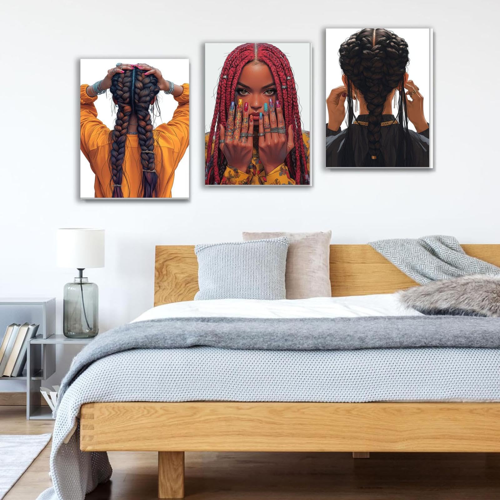 WIKEO Negro 3Pcs Mujeres Negras africanas étnico Lienzo Pintura, Chica Negra Trenzada Abstracta Abstracta Pared Arte Imagen Cartel - Moderno Sala de Estar decoración Impresiones-50x70cmx3 Enmarcado