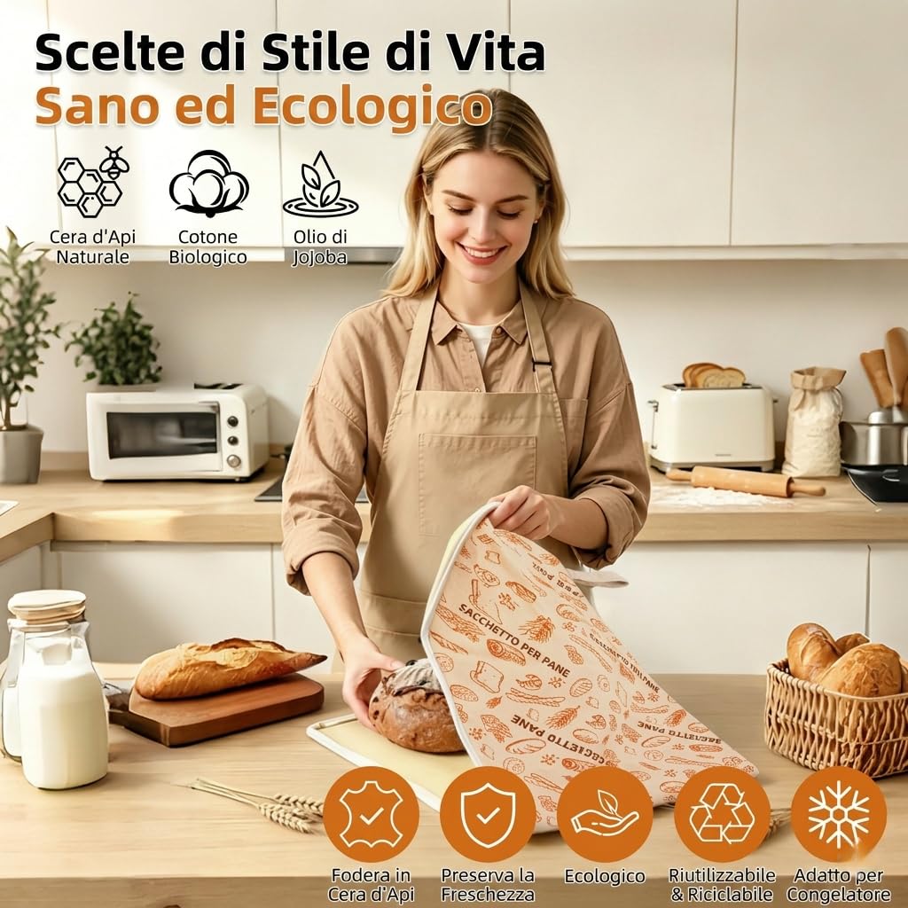 AHJ Confezione da 2 Sacchetti per Pane in Cera d'Api 43x33cm, Borsa Porta Pane Riutilizzabile in Cotone e Lino con Cerniera a L per Sourdough Fatto in Casa, Baguette e Pane Artigianale Lavabile
