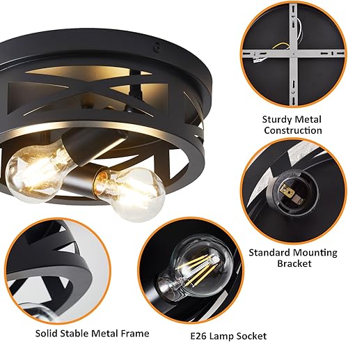 Miniatura 3 de Lámpara de techo de montaje empotrado de 2 luces, lámpara de techo industrial de granja, lámparas negras para pasillo, lámparas de techo vintage,