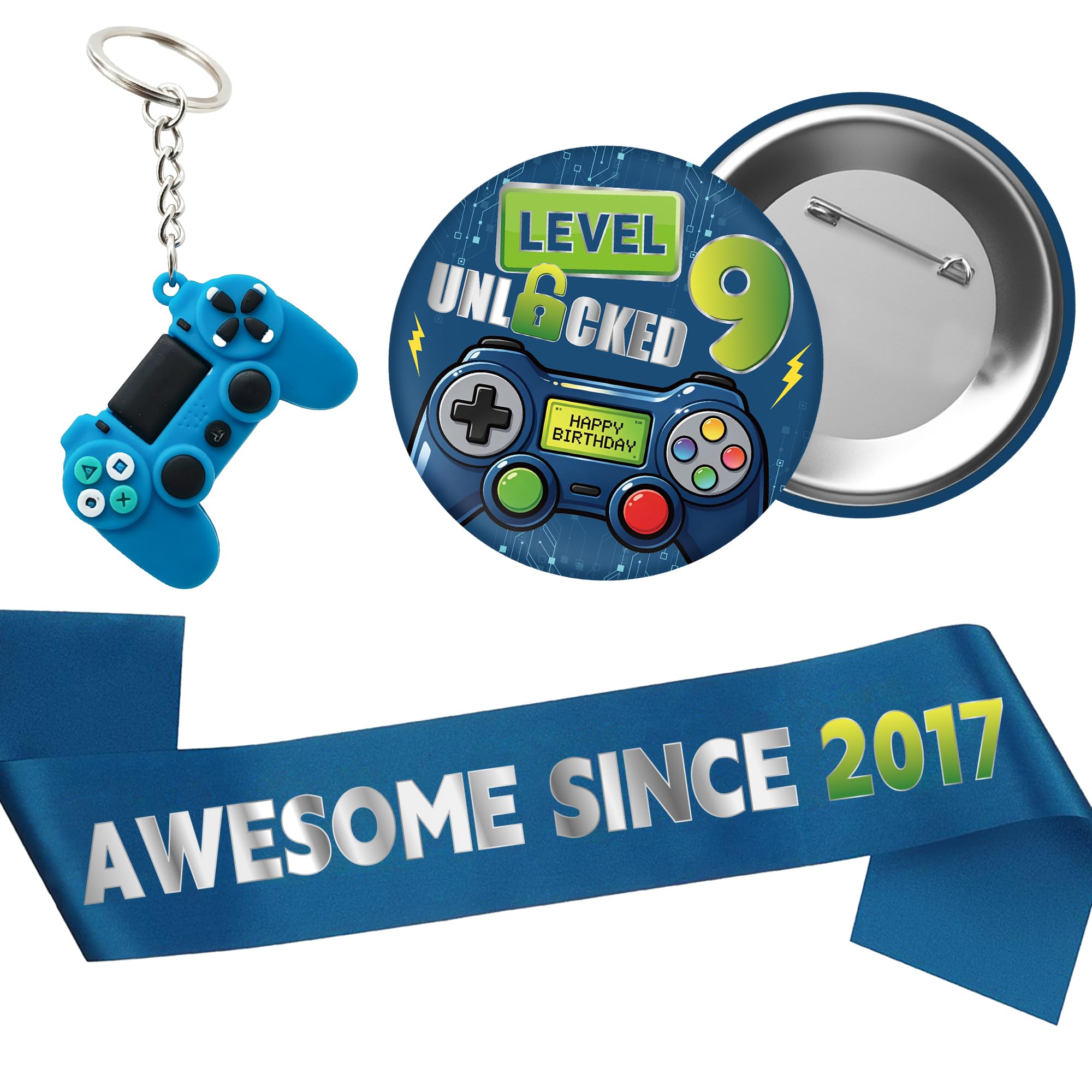 Gaming 9th Birthday Sash Badge - 3 Pcs Blue Awesome Since 2017 Birthday Sash Level 9 Unlocked Badge Game Controller Backpack Clasp for Boys 9 Years Old Party Decorations Supplies and Gifts