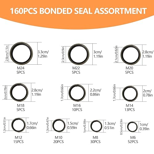 Miniatura 2 de qxayxa 160 arandelas de sello unido, juego de juntas de sello autocentrado automotriz, arandelas de sellado de metal unido de goma, arandela de