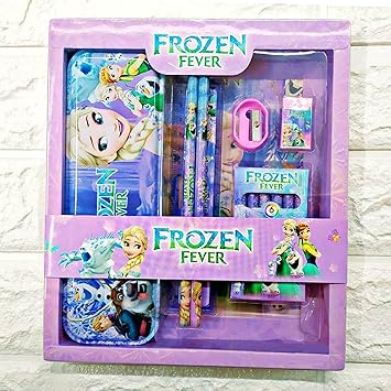 SQUICKLE Cute Cartoon Printed Kids Stationary Set for Girls Boys, School Supply Stationery Kit Included Metal Pencil Box/Two Pencil/Eraser/Sharpner/Ruler Scale & 6pcs Crayon Colors