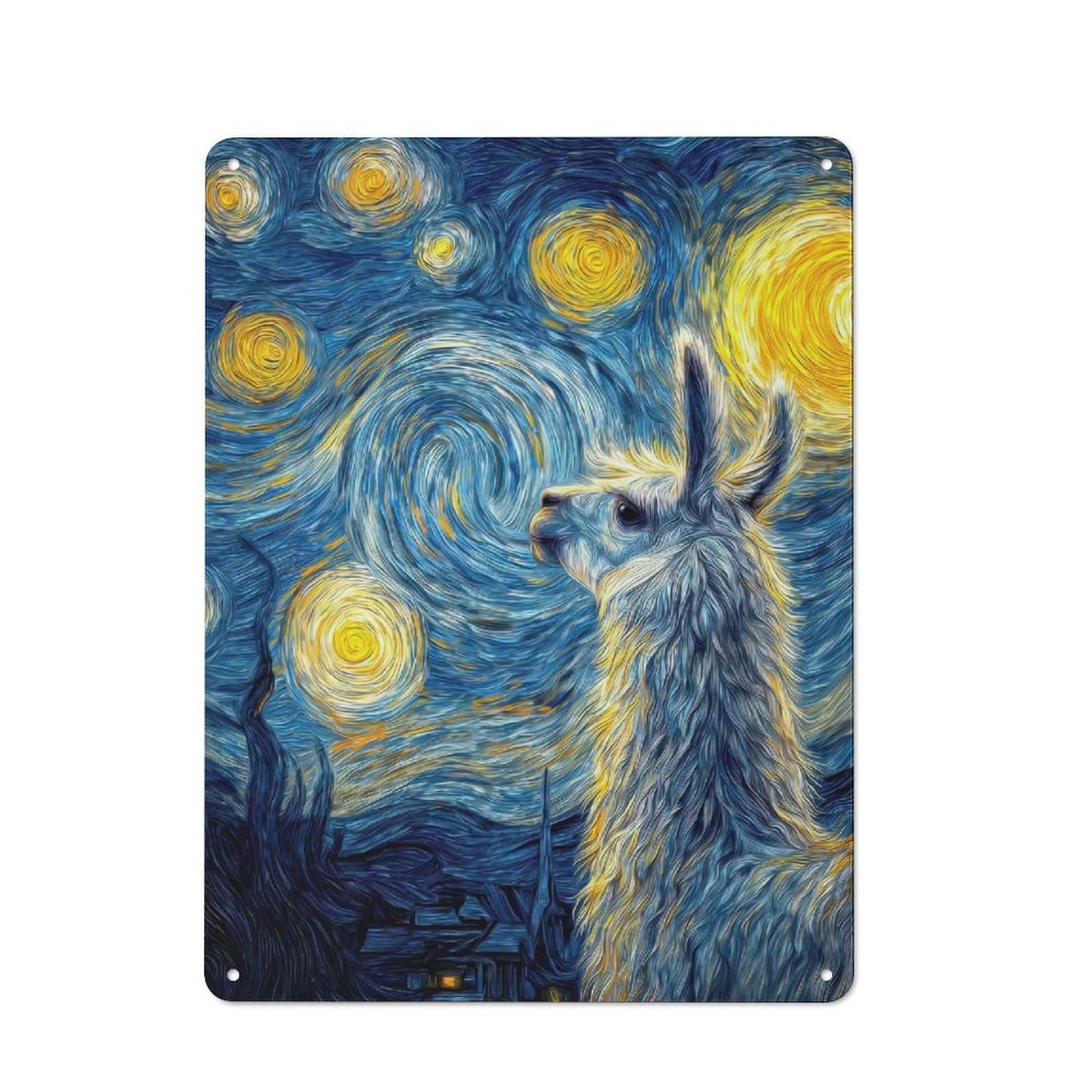 Junmoney Llama In Starry Night Style Retro Metal Wall Sign 40X30cm With For Living Room Wall, Housewarming Wall Decor For People Furnishing Living Room