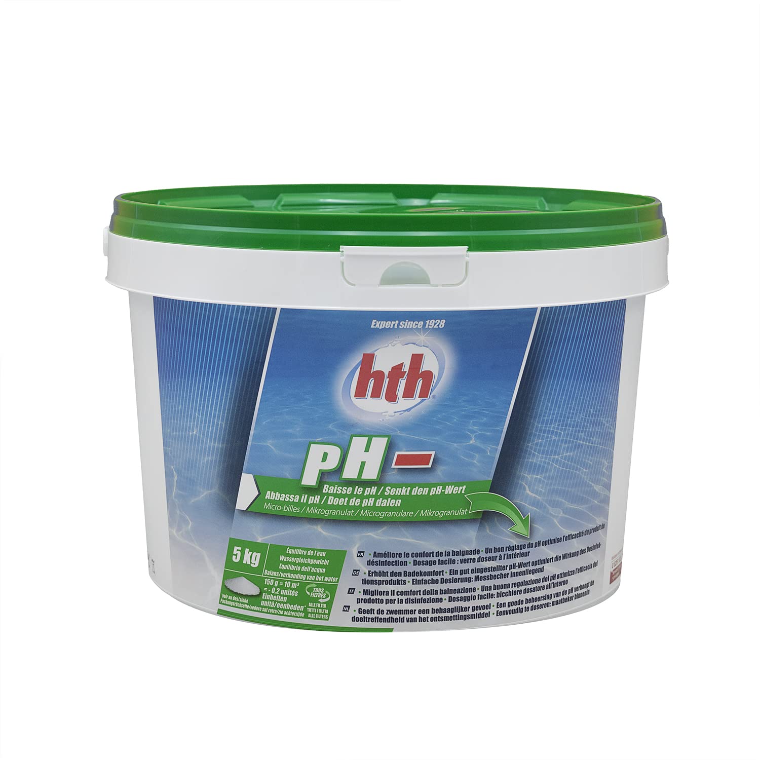 HTH pH Moins Micro-Billes - 5kg | Correcteur de pH Solide - Baisse Le pH + 10 Tests HPS OFFERTS 6 en 1