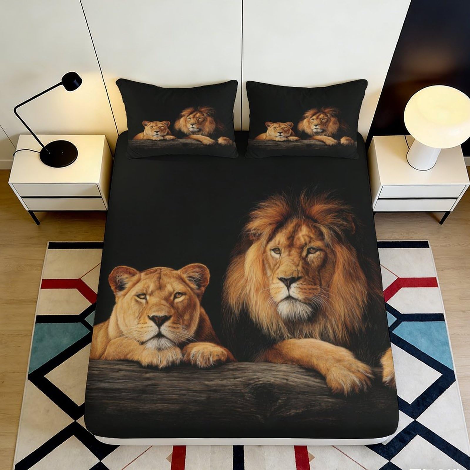 3D Printed Lion Couple Fitted Sheet Microfiber Soft Non-slip Bed Cover for Bedroom Dorm Mattress Decor 90x200x25cm