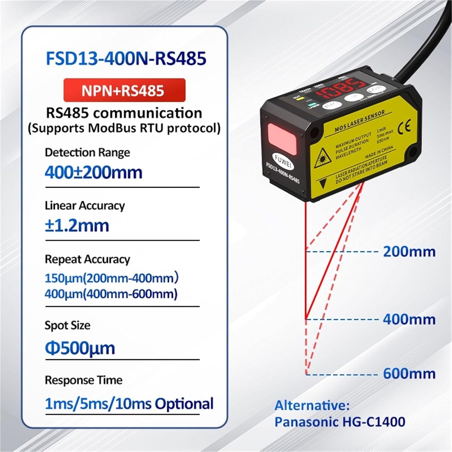 FSD13 Series Distance, Thickness, and Positioning Sensor RS485 Output 0.01mm High-Precision Laser Displacement Sensor(FSD13-400N-RS485)