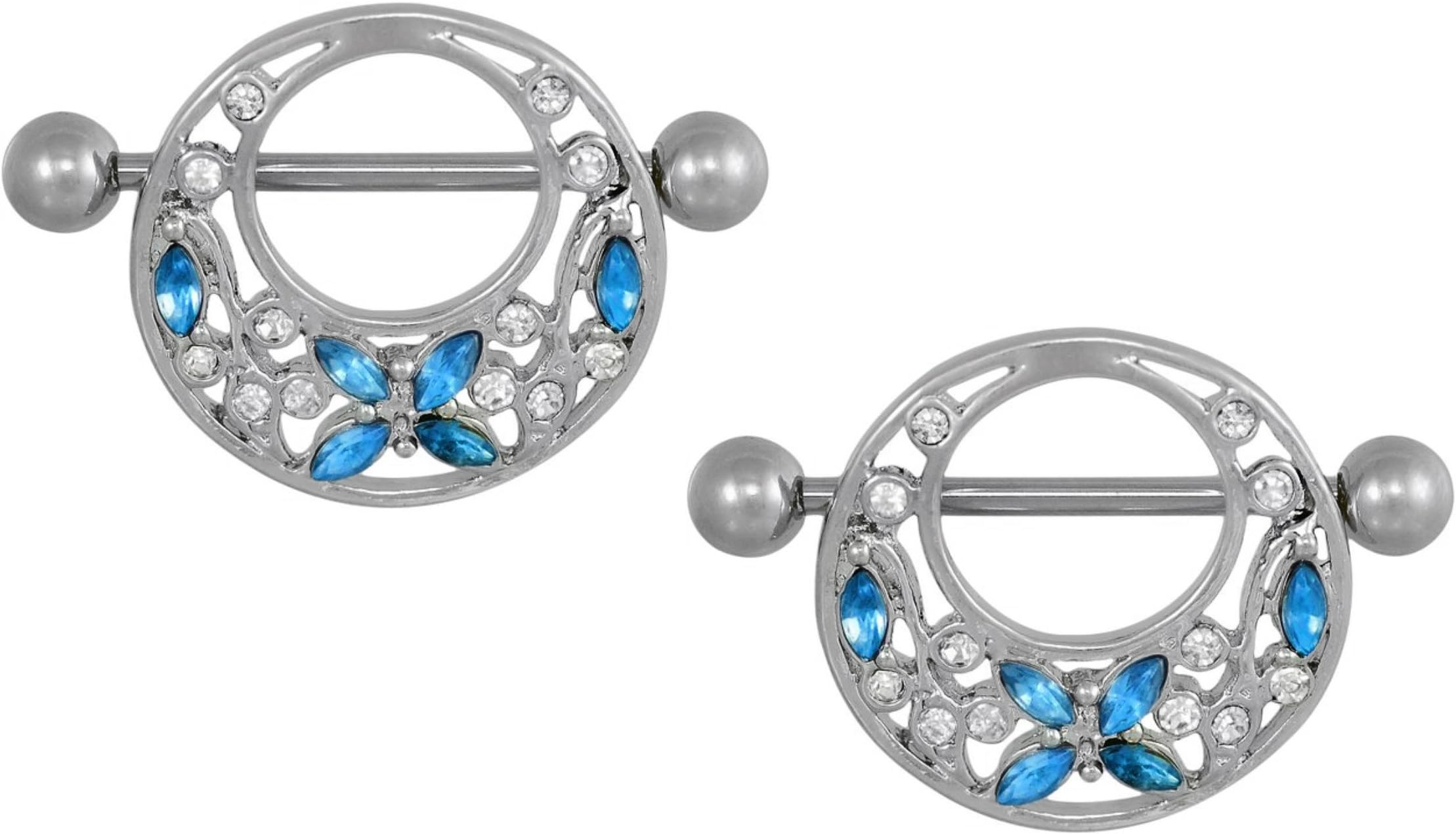 Forbidden Body JewelryPair of 14g 22mm (7/8 Inch) Surgical Steel Light Blue CZ Butterfly & Flower Vine Shield Barbells