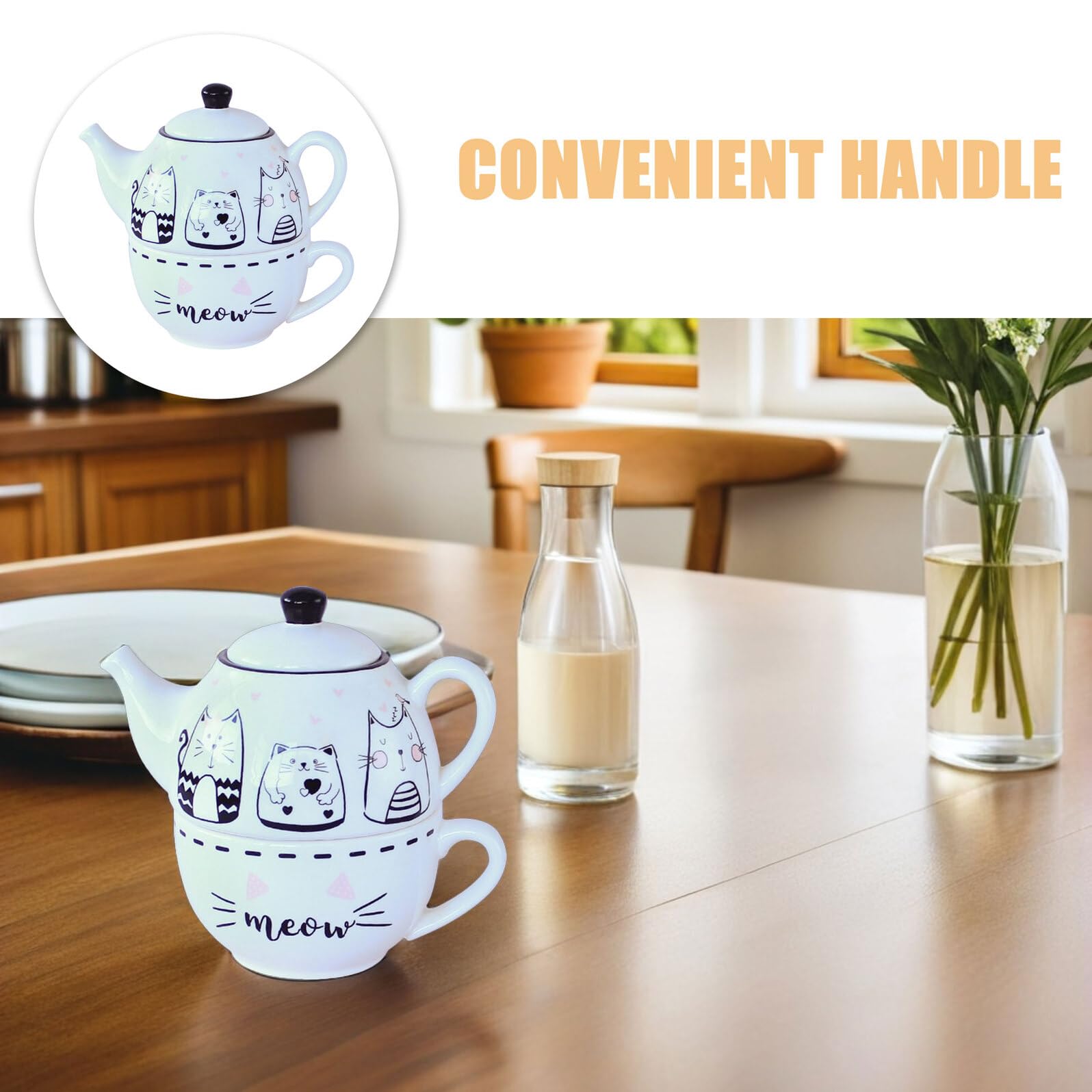 TOYANDONA Set Teiera e Tazza in Ceramica Motivo Gatti, Kit da Tè per Uso Domestico, Design Decorativo Bianco, Adatto per Casa, Ufficio e Regalo