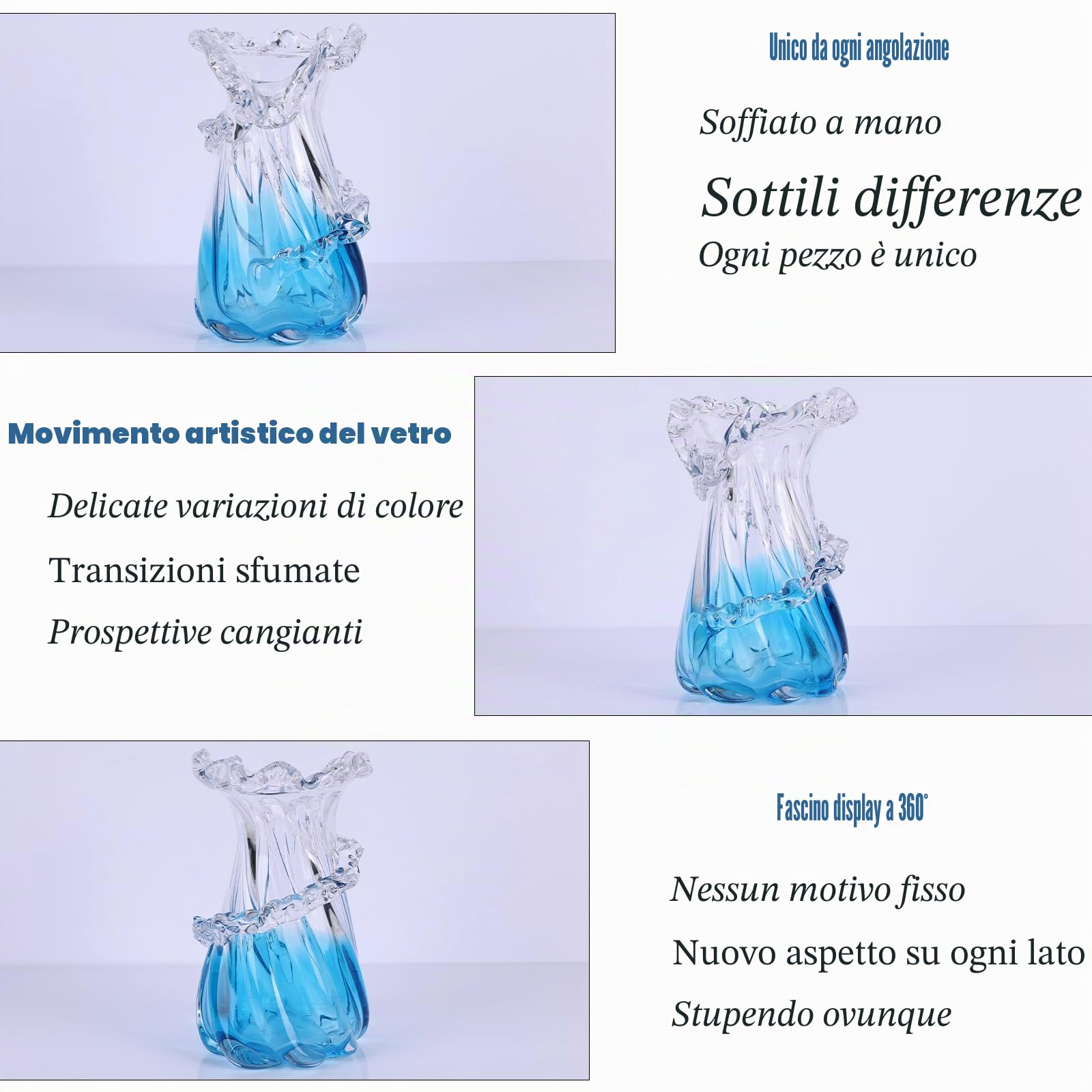 Vaso in vetro soffiato blu, centrotavola artistico unico in vetro con onde oceaniche, decorazione per la casa costiera, tavolino da caffè, consolle del soggiorno, camino (piccolo)