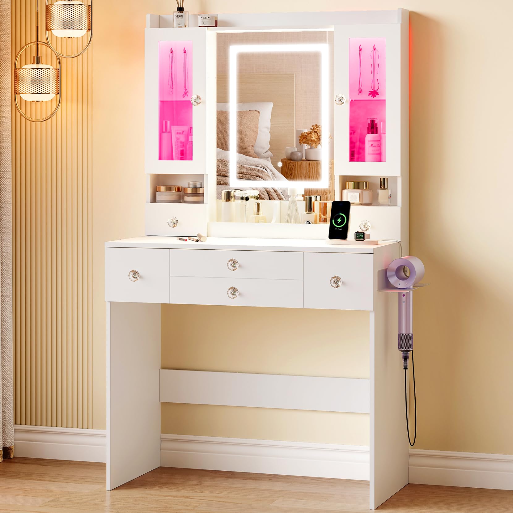 Dripex Coiffeuse Miroir LED, Vitrine RGB, 5 Tiroirs, Blanc 80cm | Multiprise intégrée avec ports USB, Support sèche-cheveux latéral, 3 modes d'éclairage LED : chaud, neutre, froid