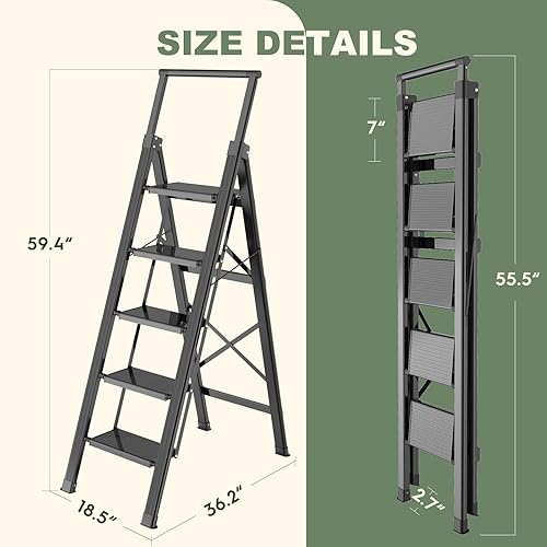 Miniatura 7 de HBTower Escalera plegable de aluminio de 5 peldaños con pedal ancho, escalera ligera portátil con asa para el hogar, cocina, color negro