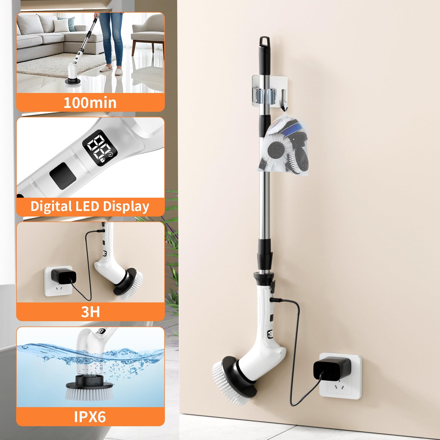 Brosse de nettoyage électrique sans fil avec long manche
