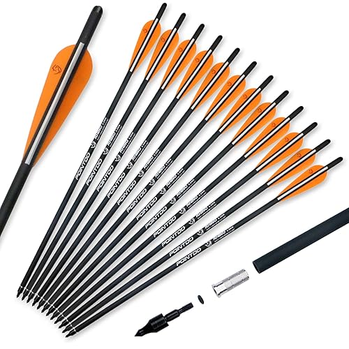 Pernos de ballesta de carbono de 20 pulgadas, flechas de caza con paletas de 4 pulgadas y punta de flecha reemplazada (paquete de 12) (naranja y