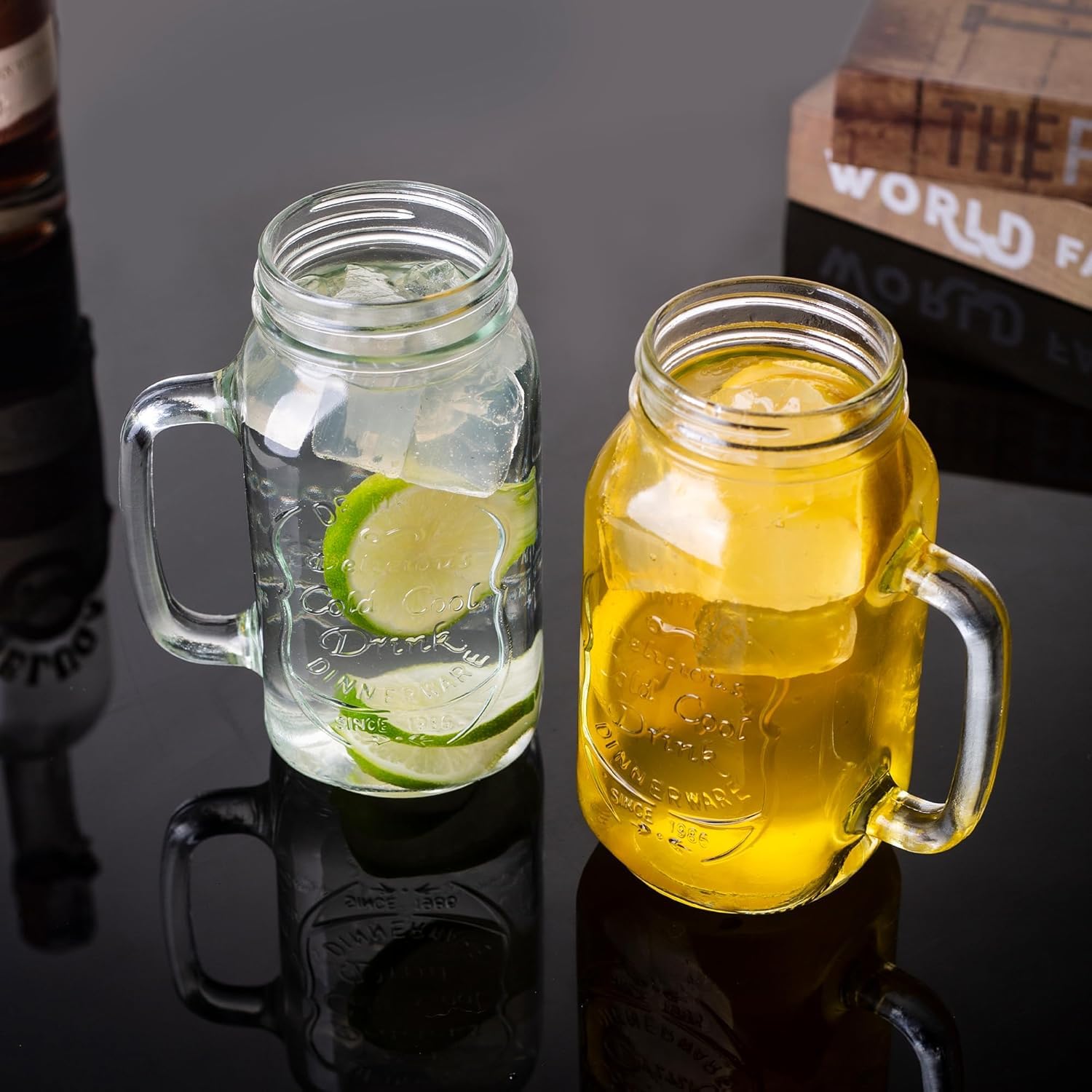 Juego de 4 Vasos De Agua 700ml/24oz, Vasos de Cristal Estilo Vintage con Asas, Vaso para Cocktail Café Matcha Cerveza Zumo Whisky Té y Batidos
