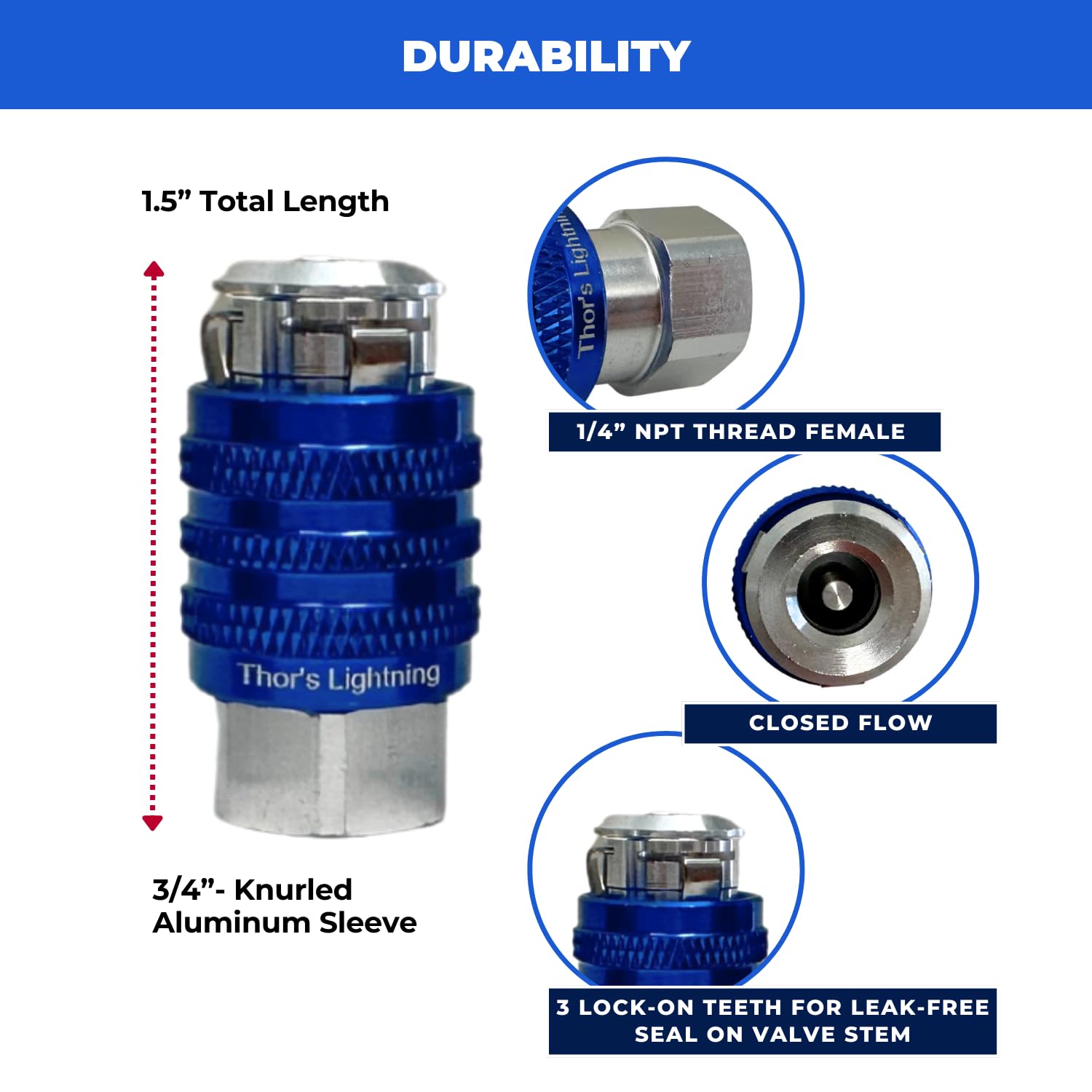 Thor's Lightning Air Systems Dynamo Lock-On Air Chuck, Closed Flow 1/4FNPT Quick Connect, Secure Locking Teeth for Leak-Free Seal on Valve Stem, Tire Inflator Chuck