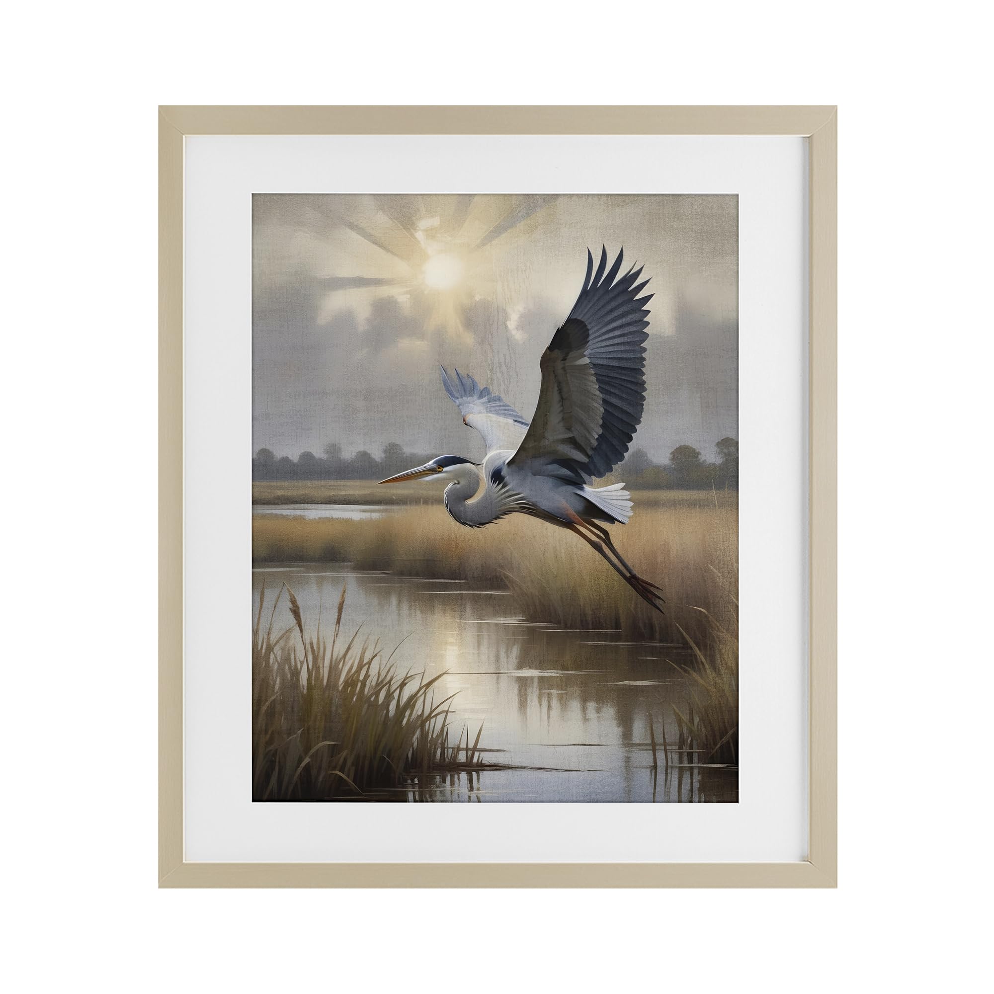 Stupell Industries 'Heron Flight over Wetlands', Framed Print Under Glass, Brown, 17 x 21 Inches, Easy to Hang and Sturdy, Made in USA, by Susan Arnot