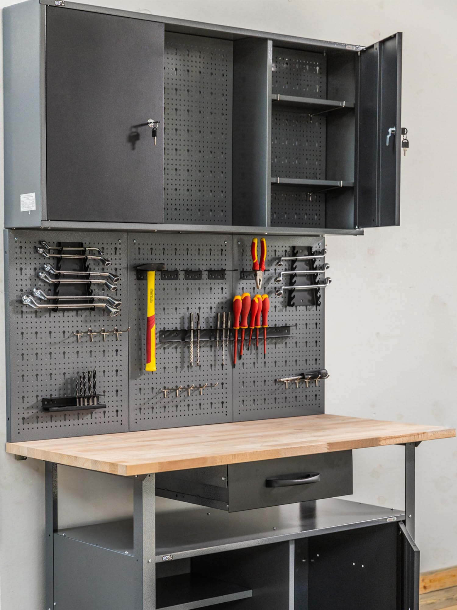Ondis24 Werkstatt Hängeschrank Metall Werkzeugschrank abschließbar Grau Schwarz 120 cm - Kurt