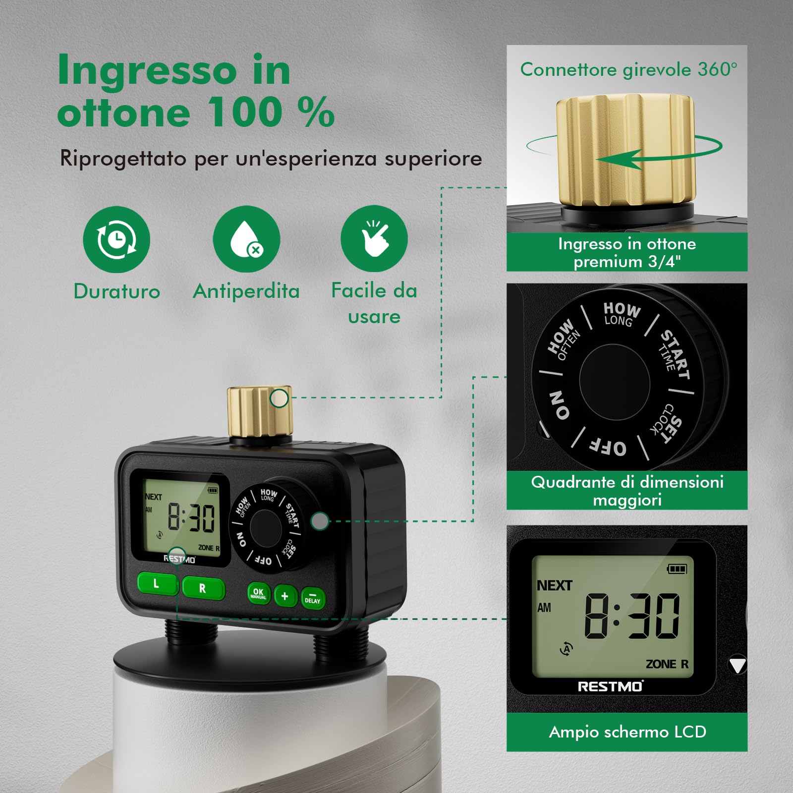 RESTMO Timer per Irrigazione a 2 Zona con Chip RF | Integrato per Accesso Remoto Opzionale, Automatico/Manuale/Ritardo Pioggia, Per Tubo da Giardino, Rubinetto Esterno