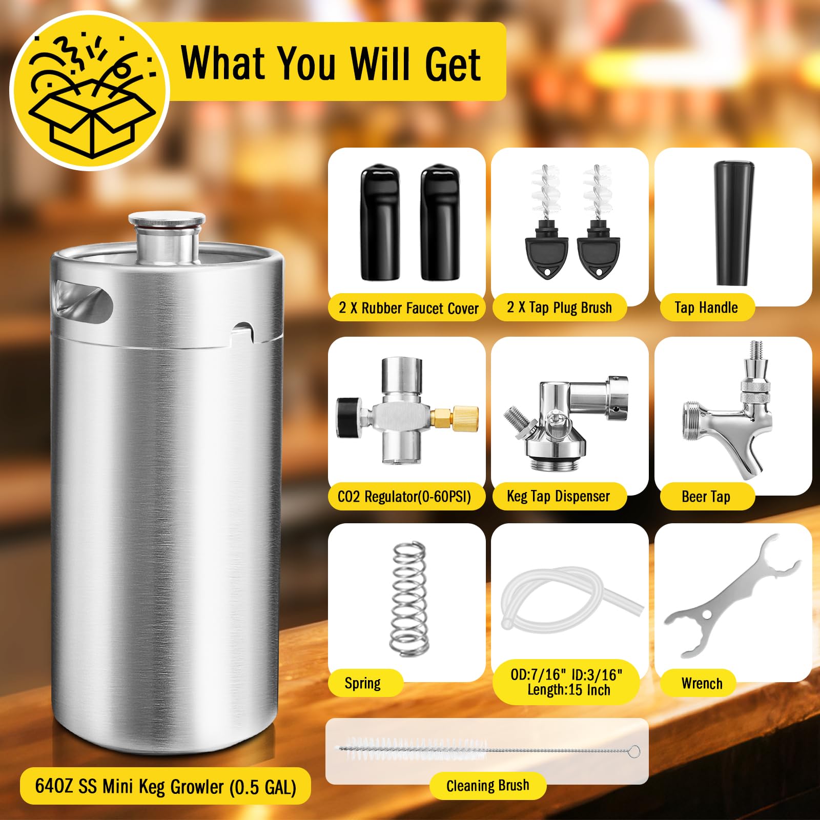 Mini-Fass-Growler, Edelstahl-Bierfass-Zapfhahn-System, tragbarer Bierspender zum Frischhalten und 55 PSI CO2-Druck, Kohlensäure, Bierzapf-System für selbstgebraut, Camping (silberfarben)