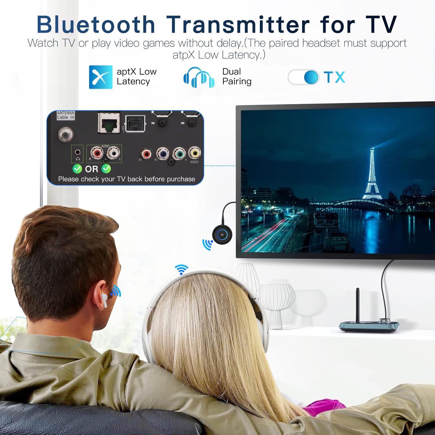 BANIGIPA Ricevitore trasmettitore Bluetooth 5.3, ricevitore trasmettitore wireless 2 in 1 per TV/aereo/stereo domestico/altoparlanti/cuffie/auto, adattatore audio con jack AUX/RCA da 3,5 mm, Dual Link