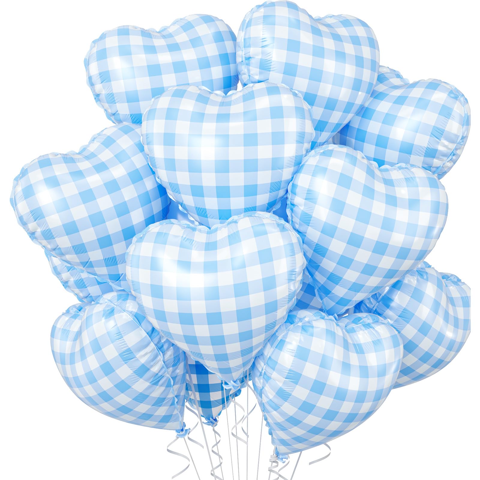 Blue White Checkered Heart Balloons, 10 Pcs Light Blue Grid Heart Shape Balloon, 18 Inch Lattice Foil Valentines Balloons for Kids Boys Birthday Wedding Valentines Bridal Baby Shower Party Decorations