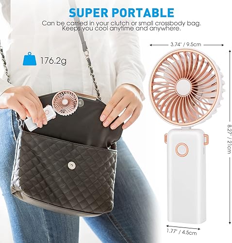 Miniatura 3 de Ventilador de mano, ventilador portátil recargable por USB con 3 velocidades, funciona con pilas, mini ventilador de escritorio plegable con soporte