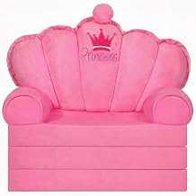 Pink Princess Toddler Couch Foldable 2 in 1 Folding Sofa Bed & Chair for Kids 1-5 Years Old Comfortable Crystal Velvet Kids Lounge Chair Playroom Gift