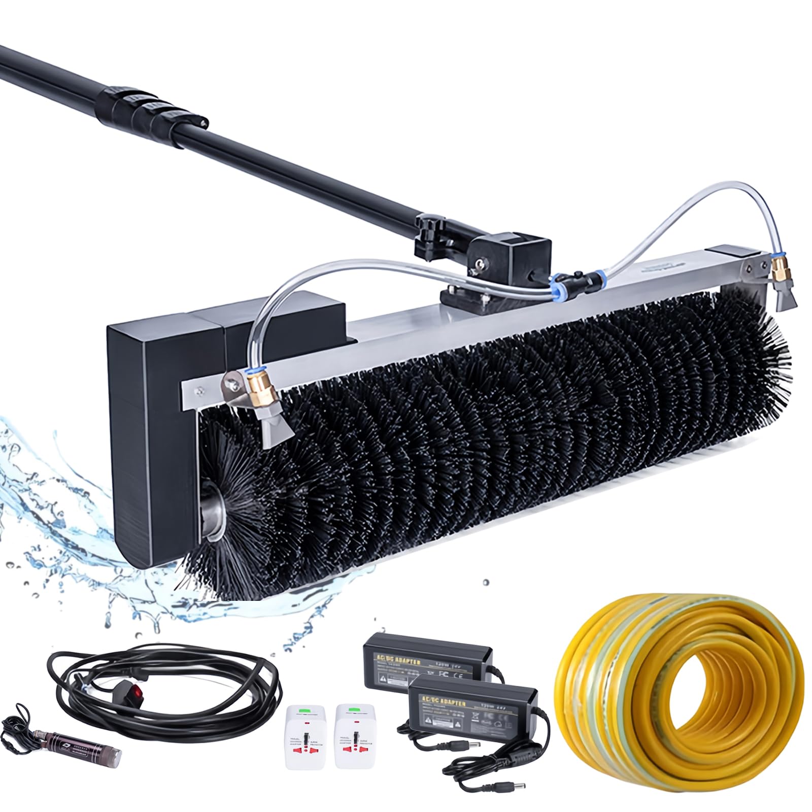 Strumenti Elettrici per La Pulizia dei Pannelli Solari,Testina a Spazzola a Rullo da 60cm,Macchina per La Pulizia dei Pannelli Fotovoltaici,Kit per La Pulizia dei Pali Alimentati ad Acqua,7.5M/25Ft