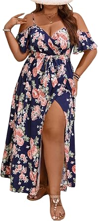 Floerns Womens Plus Size Cold Shoulder Short Sleeve Split Thigh Long Dress